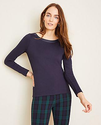 Ann Taylor Faux Leather Trim Boatneck Top