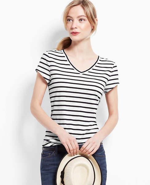 Ann Taylor Striped V-neck Tee, White - Extra Extrasmall