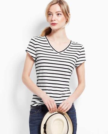 Ann Taylor Striped V-neck Tee, White - Extra Extrasmall