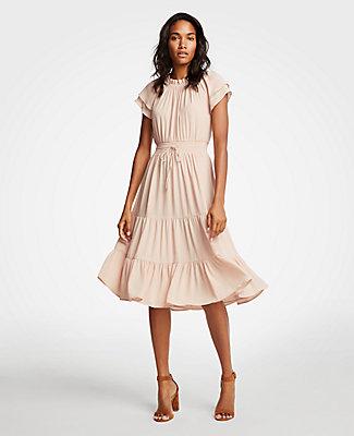 Ann Taylor Smocked Tie Waist Ruffle Dress