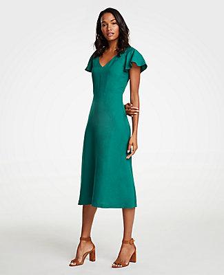 Ann Taylor Flutter Sleeve Linen Blend Midi Dress