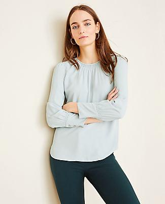 Ann Taylor Smocked Mock Neck Blouse
