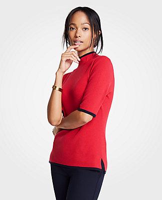 Ann Taylor Tipped Mock Neck Elbow Sleeve Sweater