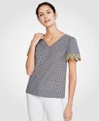 Ann Taylor Gingham Embroidered Sleeve Tee