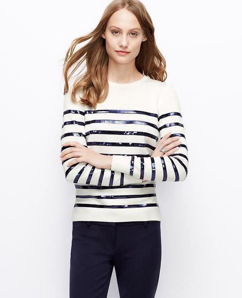 Ann Taylor Sequin Striped Sweater, Winter White - Extralarge
