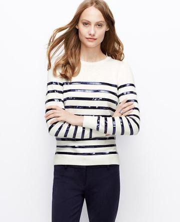 Ann Taylor Sequin Striped Sweater, Winter White - Extralarge