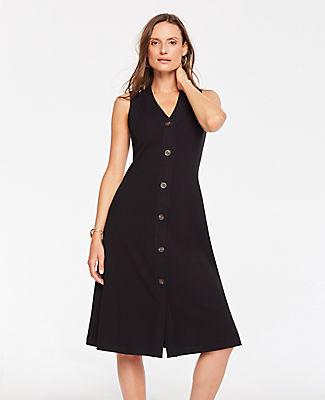 Ann Taylor Button Front Ribbed Knit Flare Dress
