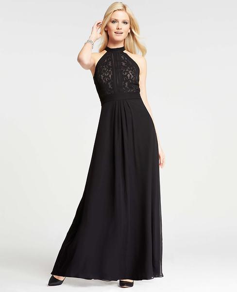 Ann Taylor Silk Georgette Lace Halter Gown, Black - Size 10