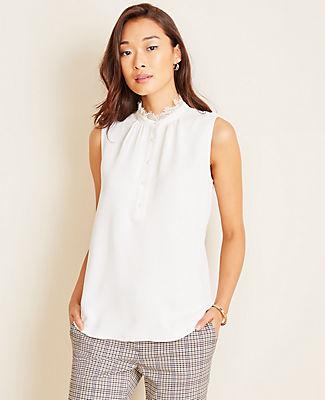 Ann Taylor Lace Trim Henley Shell