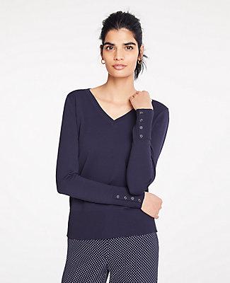 Ann Taylor Button Cuff V-neck Sweater