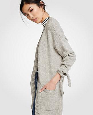 Ann Taylor Ribbed Tie Sleeve Open Cardigan