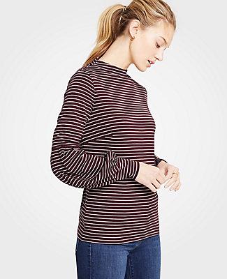 Ann Taylor Stripe Lantern Sleeve Mock Neck Top