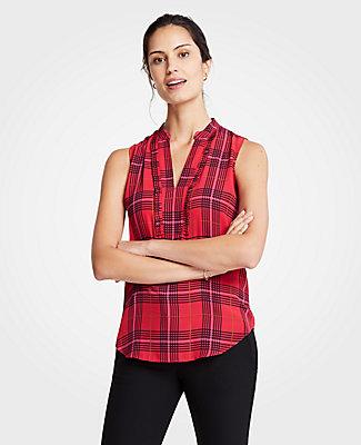 Ann Taylor Mini Plaid Pleated Ruffle Placket Shell