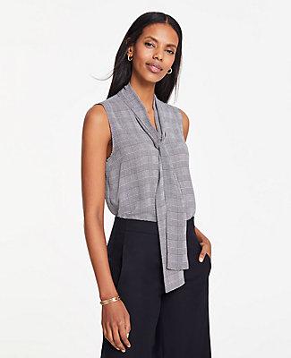 Ann Taylor Houndstooth Plaid Bow Neck Button Down Shell