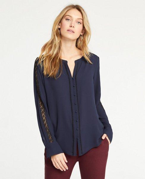 Ann Taylor Diamond Dot Lace Trim Blouse