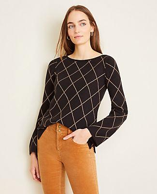 Ann Taylor Diamond Windowpane Boatneck Sweater