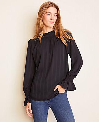 Ann Taylor Striped Ruffle Mock Neck Blouse
