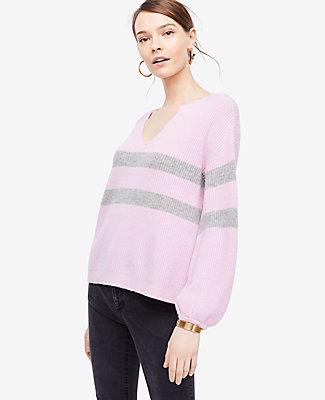Ann Taylor Striped Split Neck Balloon Sleeve Sweater