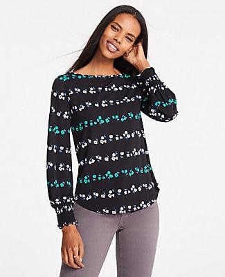 Ann Taylor Linear Floral Smocked Cuff Top