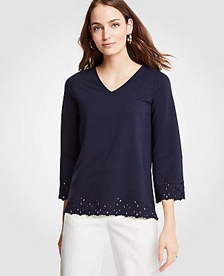 Ann Taylor Ponte Embroidered Scallop Top