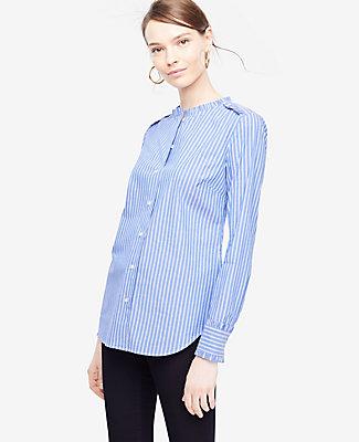 Ann Taylor Striped Poplin Ruffle Neck Blouse