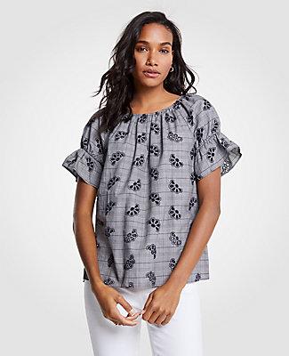 Ann Taylor Eyelet Plaid Puff Sleeve Top