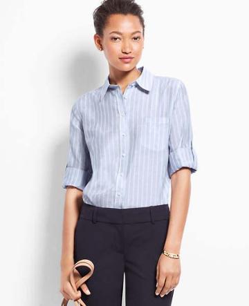 Ann Taylor Bayview Stripe Camp Shirt, Softened Blue - Extra Extrasmall