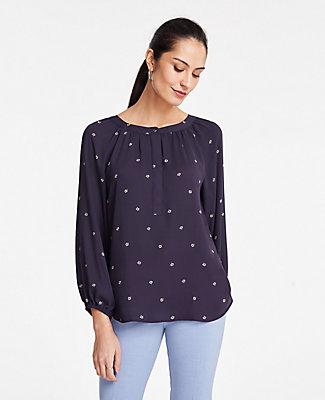 Ann Taylor Geo Floral Shirred Popover Blouse