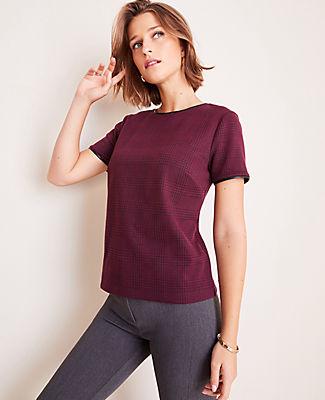 Ann Taylor Faux Leather Trim Plaid Tee