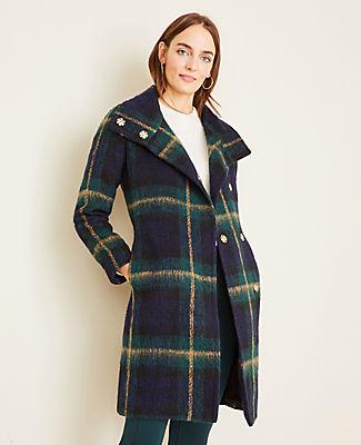 Ann Taylor Blackwatch Plaid Funnel Neck Coat