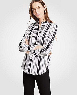 Ann Taylor Stripe Pleated Ruffle Perfect Shirt