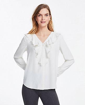 Ann Taylor V-neck Ruffle Lace Trim Blouse