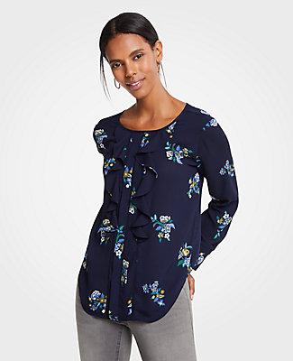 Ann Taylor Floral Cutout Pleated Ruffle Blouse