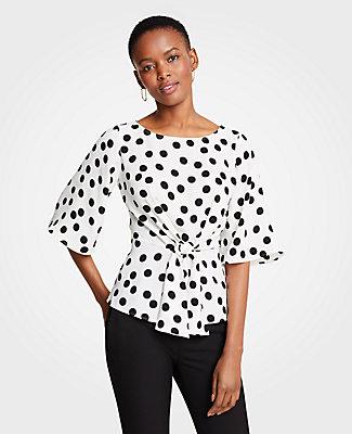Ann Taylor Dotted Tie Waist Flare Sleeve Top