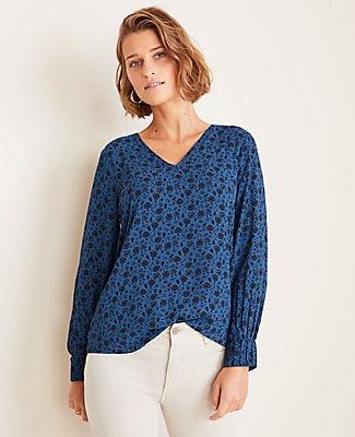 Ann Taylor Floral Mixed Media Pleated Cuff Blouse