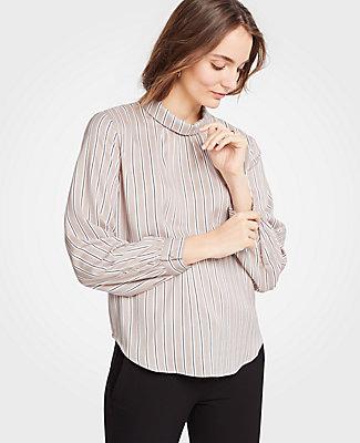 Ann Taylor Stripe Shirred Mock Neck Blouse