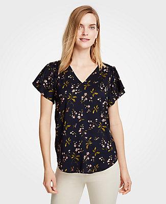 Ann Taylor Floral Ruched Shoulder Tie Top