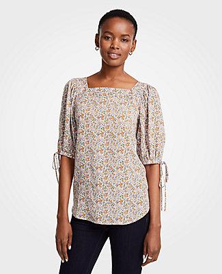 Ann Taylor Mini Garden Square Neck Tie Sleeve Blouse