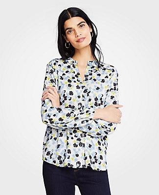 Ann Taylor Floral Ruffle Collar Split Neck Blouse