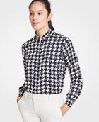 Ann Taylor Houndstooth Ruffle Button Down Blouse