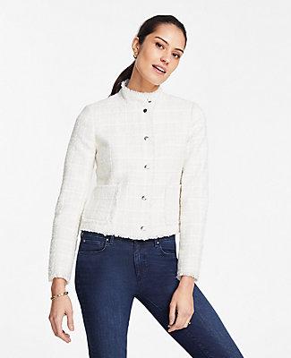 Ann Taylor Tweed Fringe Zip Jacket