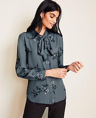 Ann Taylor Floral Bow Neck Blouse