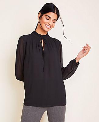 Ann Taylor Smocked Tie Neck Popover