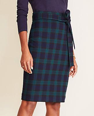 Ann Taylor Blackwatch Plaid Tie Waist Pencil Skirt