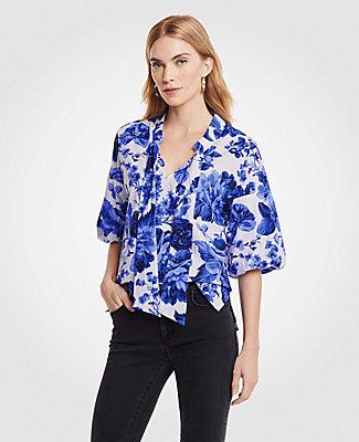 Ann Taylor Floral Toile Tie Neck Puff Sleeve Blouse