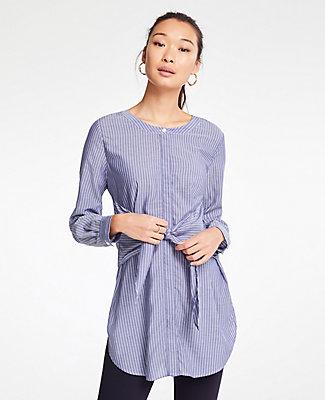 Ann Taylor Striped Tie Waist Button Down Tunic