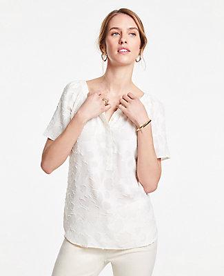 Ann Taylor Floral Jacquard Shirred Short Sleeve Popover