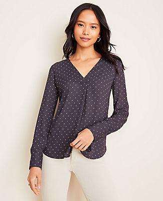 Ann Taylor Dotted Mixed Media Pleat Front Top