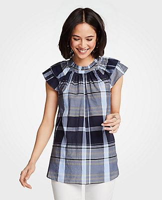 Ann Taylor Madras Double Ruffle Sleeve Top