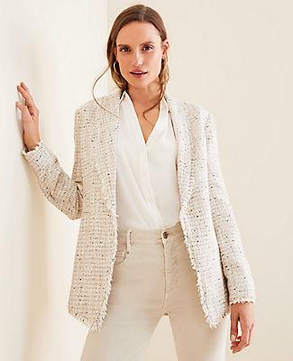 Ann Taylor Fringe Tweed Shawl Collar Jacket
